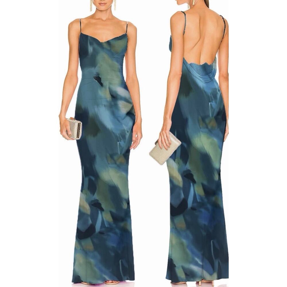 Capuffy Women Drape Neck Formal Maxi Dress Blue XS (0-2) NWT